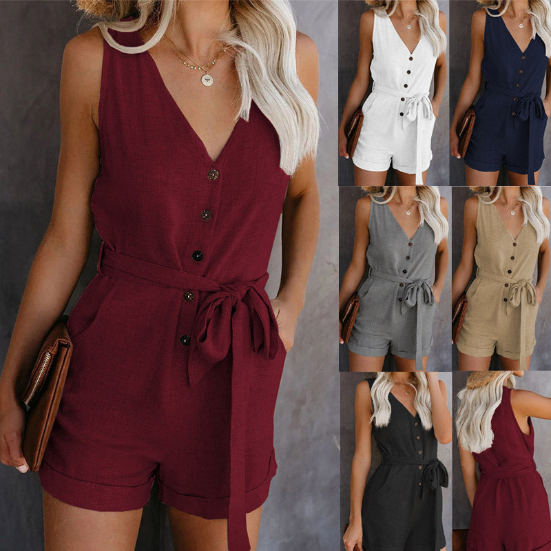 Sommer Playsuit Damen – Eleganter V-Ausschnitt Jumpsuit mit Gürtel & Knöpfen